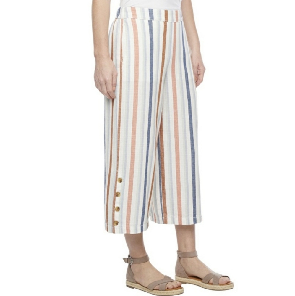 NEW High Rise Cropped Wide-Leg Linen Pants Striped